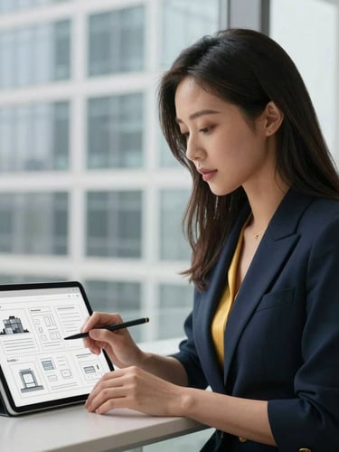 Editorial medium shot of Lisa Choi working on a digital strategy wireframe on a tablet, with structured architectural details of a modern office building in the soft-focused background, soft natural daylight, deep navy and gold accents, clean minimalist composition, 50mm lens