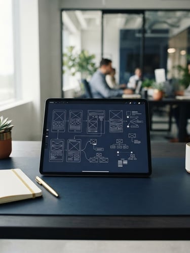 Modern corporate workspace with a tablet displaying digital strategy wireframes, soft natural daylight, deep navy and gold accents, clean minimalist composition, 50mm lens