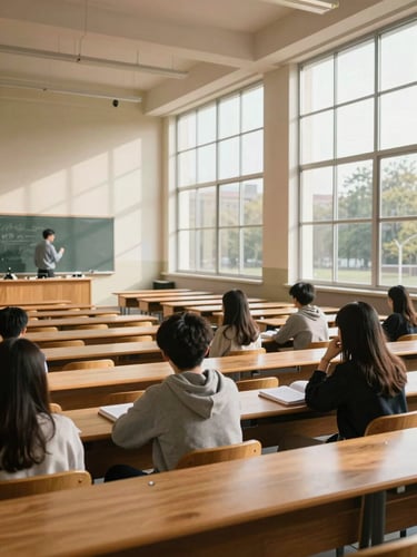 Wide environmental shot of a sunlit college lecture hall from the side aisle, rows of wooden desks and a professor writing on a chalkboard visible in the mid-ground, warm natural light streaming through tall windows, a few students seated and engaged, textbooks open on desks