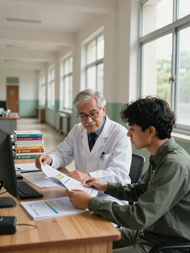 Environmental wide shot of a medical college corridor, a senior professor seated beside a student at a wooden desk reviewing printed college prospectuses, natural window light from the right, stacks of reference books visible in the background, candid and unhurried
