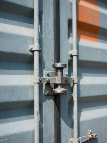 Close-up of a heavy-duty steel customs seal locked on a shipping container, bright direct midday sun, high-contrast orange accent details