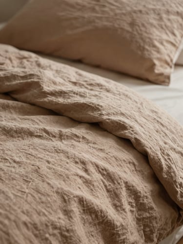 Macro texture shot of rumpled clay-colored linen sheets and pillow covers on a bed in soft, diffused morning daylight, shallow depth of field, 35mm