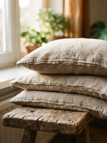 Close-up of unrefined oatmeal linen pillow covers stacked on a rustic wooden bench, soft morning daylight, shallow depth of field, 35mm