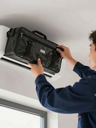 Close-up of a professional technician in a clean, dark blue uniform using a specialized high-tech cleaning bag on a modern white split AC unit, bright natural morning light, clean residential interior.