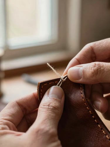 Macro close-up of hands saddle-stitching dark brown leather with thick waxed linen thread, warm workshop window light, shallow depth of field, 35mm
