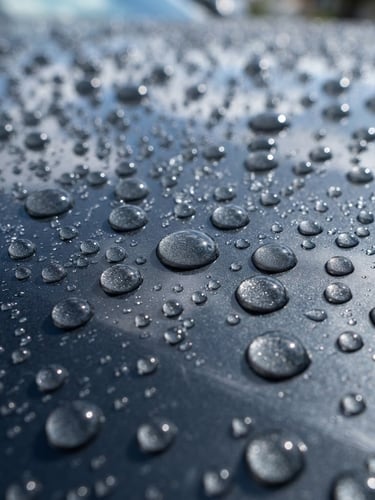 Macro close-up of water beading on a freshly waxed deep slate hood, bright natural daylight, sharp reflections