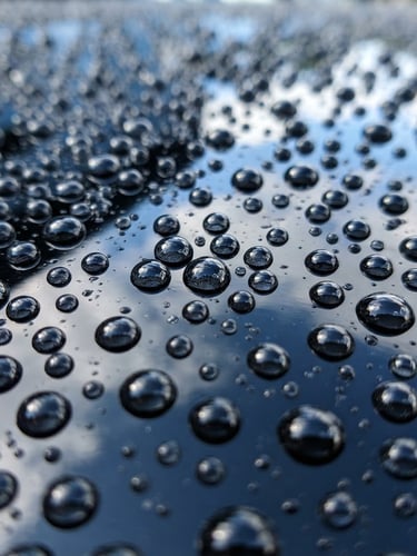 Crisp automotive photography of water beading on a freshly waxed deep black hood, bright natural daylight, extreme macro detail, 50mm lens