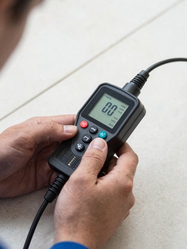 Close-up of a professional technician hands holding a digital leak detection sensor against a clean tiled floor, high-clarity daylight, technical precision focus.