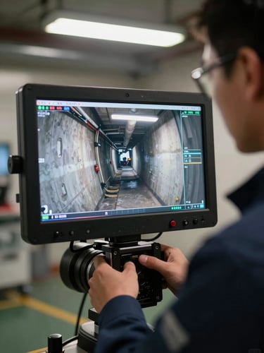 Close-up of a professional technician operating a digital video inspection screen, displaying the clean interior of an underground pipe, bright utility lighting, crisp branded uniform visible