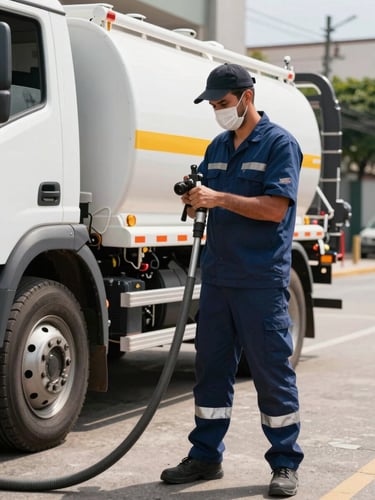 A professional technician wearing a clean navy blue uniform with safety gear operating a high-pressure vacuum hose connected to a modern sanitation truck, bright daylight, clean urban background in Brazil, sharp focus on technical equipment.