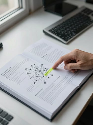 Close-up overhead angle of a technical runbook open on a desk beside a keyboard, engineer's hand pointing to a highlighted line in a network diagram, cool window light from the left, printed documentation visible