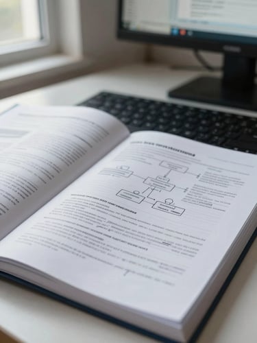 Angled close-up of a printed infrastructure runbook open on a desk beside a keyboard, handwritten annotations visible in margins, cool natural window light from the left, shallow depth of field blurring the background monitor