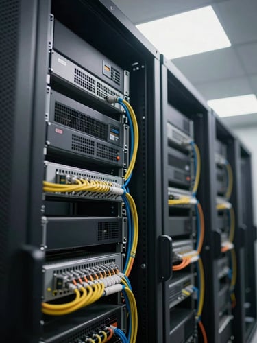 Close-up angled view of a dense server rack cabinet in a mid-sized data center, patch cables organized by color, rack unit labels visible, cool fluorescent overhead lighting casting hard shadows across cable management panels