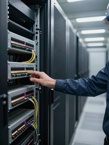 Close-left panoramic frame of a dense server rack corridor, cool fluorescent facility lighting casting long shadows between the racks, a single engineer's hand reaching toward a patch panel in the foreground, cables and indicator lights in sharp focus, deep perspective receding right