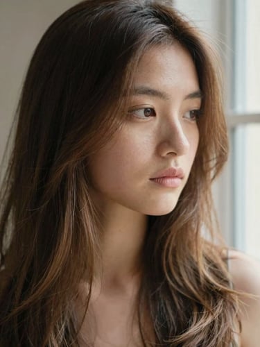Close-up editorial portrait of soft, hand-painted balayage on warm brown hair, diffused natural window light, shallow depth of field, 35mm film texture.