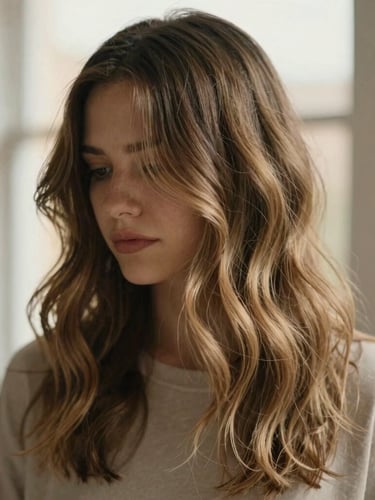 Close-up editorial portrait of soft, hand-painted balayage hair with natural wavy texture, warm golden hour window light, shallow depth of field