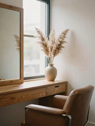 A minimalist, sunlit private hair studio corner, warm oak wood accents, a single leather chair, large window with soft diffused daylight, pampas grass in a ceramic vase