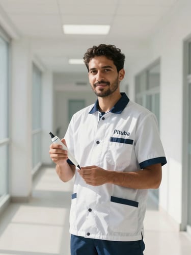 Wide-angle architectural portrait of a professional technician in a crisp, clean white and navy uniform holding a precision gel applicator, standing in a bright, modern, sunlit corporate corridor in Pituba, clinical and reassuring atmosphere.