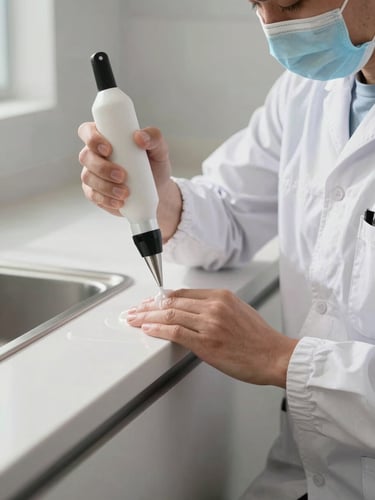 Close-up of a professional environmental technician wearing a clean white branded uniform, applying precision gel treatment to a clean kitchen baseboard with a specialized applicator under bright daylight.