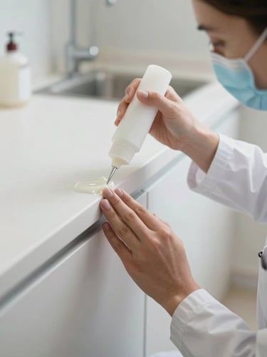 Close-up of a professional environmental technician in a clean white uniform applying a precise gel treatment to a pristine kitchen baseboard, bright natural light, clinical and safe atmosphere.