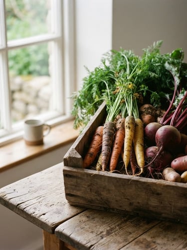 Wide panoramic, freshly harvested heirloom carrots, beets, and potatoes in a rustic wooden crate, soft Scandinavian window light, shallow depth of field, rich earthy tones, generous negative space on the left.