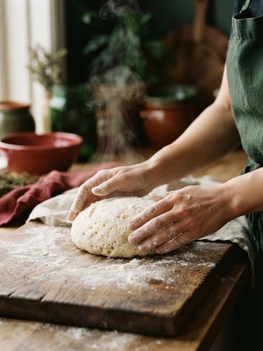 Close-up of hands gently shaping sourdough on a wooden board, steam rising, soft Scandinavian window light, shallow depth of field, rich crimson and forest green tones, 35mm film.