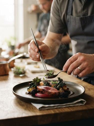 Chef's hands meticulously plating a gourmet dish under soft Scandinavian window light, steam subtly rising, rich crimson and forest green tones, shallow depth of field.