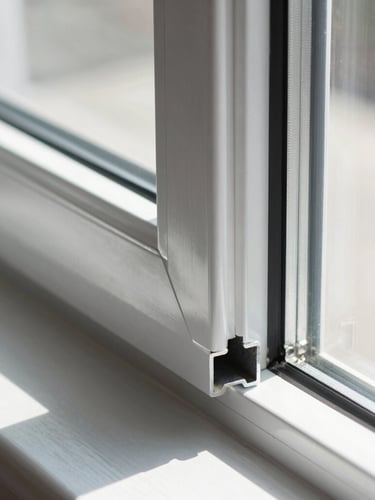 Close-up architectural photograph of a flawless aluminum miter joint on a commercial window frame, bright crisp daylight, metallic sheen