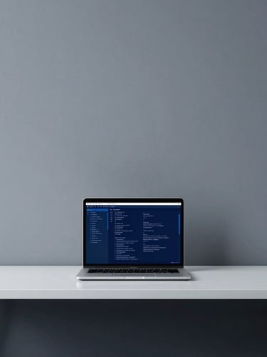 Minimalist corporate workspace, clean desk with modern laptop showing code interfaces, cool daylight, deep blue and sharp gray tones, architectural focus