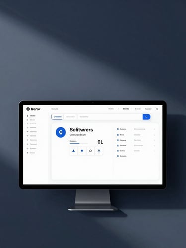 Minimalist corporate photography of a high-end clean software interface on a vertical screen, cool office daylight, deep blue shadows, sharp architectural focus