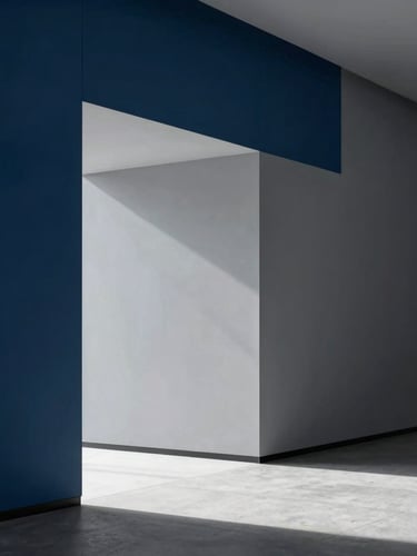 minimalist corporate photography of a clean architectural space with deep blue shadows and sharp gray tones, natural cold office daylight, focusing on structural lines
