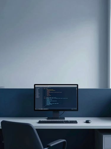 Minimalist corporate photography, cool office daylight, deep blue tones, clean architectural focus of a modern workspace with a high-end computer screen showing code.