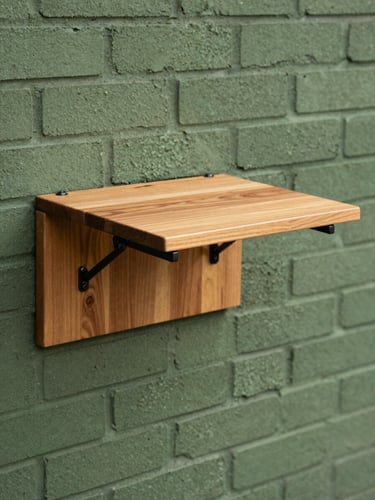 A warm side-lit photograph of a solid-slab cedar fold-down table mounted on a brick wall, matte black steel hinges visible, 50mm lens, shallow depth of field