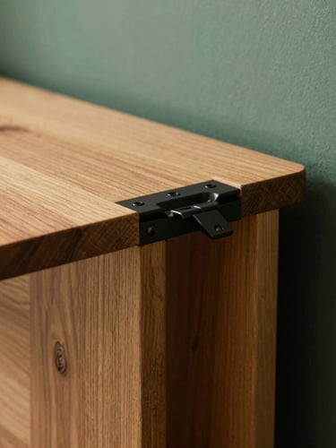 Close-up of a solid cedar wood table folding flush against a modern apartment wall, heavy-gauge matte black steel hinges visible, warm directional daylight, rich wood textures, 50mm lens, shallow depth of field.