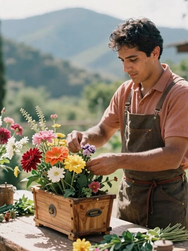 A local silletero artisan arranging vibrant flowers in an authentic wooden silleta inside a sunlit courtyard, soft natural light, focus on textures, 35mm.
