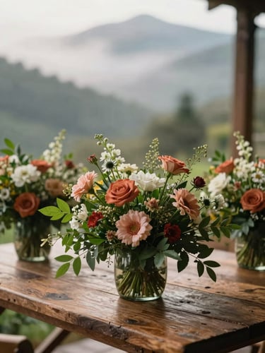 Elegant close-up of silletero flower arrangements on a rustic wooden table, soft morning mist visible through a window, warm editorial photography, 35mm