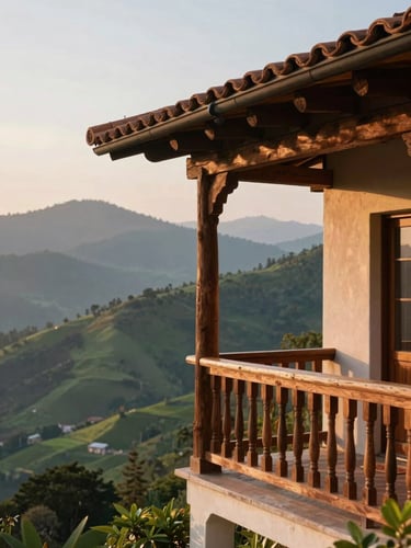 Elegant close-up of a rustic wooden villa balcony overlooking misty green mountains of Santa Elena at sunrise, warm morning light, 35mm editorial photography.