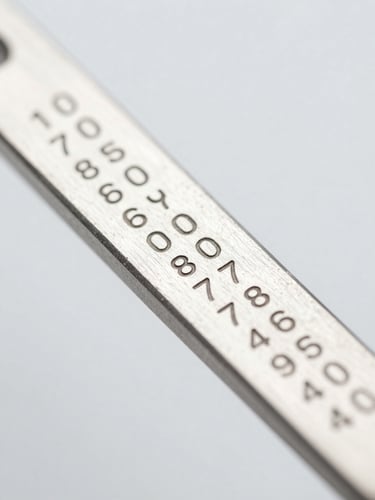 sharp technical photography, sterile light gray background, macro view of laser-etched serial numbers on surgical steel, high-key lighting