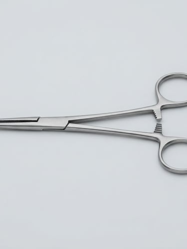 sharp technical photography of a surgical forcep, profile view, bright high-key studio lighting, sterile light gray background, macro lens, ultra-detailed