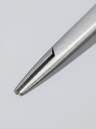 sharp technical photography, bright high-key studio lighting, sterile light gray background, macro lens of a surgical forceps tip, ultra-detailed