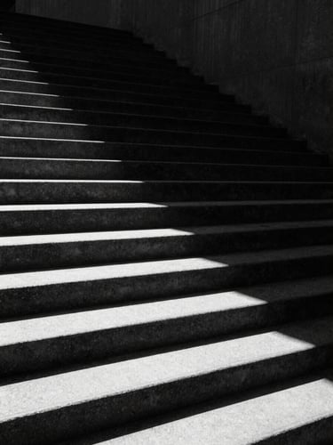 Minimalist black and white shot of an empty concrete staircase descending into deep shadow, harsh high-contrast sunlight, sharp angles, 35mm film.