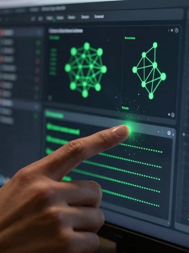 Macro shot of a developer's hands interacting with a dark-mode real-time attribution dashboard on a monitor, showing neon green data visualizations and network nodes, studio lighting, 35mm.