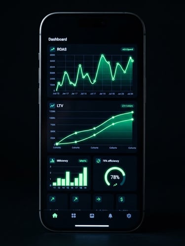 High-fidelity mobile phone mockup displaying a performance dashboard with neon green ROAS charts and LTV curves, dark-mode environment, sharp focus, 35mm.