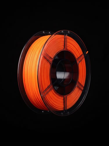 A pristine, perfectly wound neon orange filament spool floating against a stark, pitch-black background, sharp high-key studio lighting highlighting the flawless parallel winding.