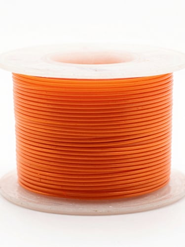 High-key macro photograph of a perfectly wound neon orange filament spool on a pure white background, showcasing flawless parallel layers under clinical studio lighting.