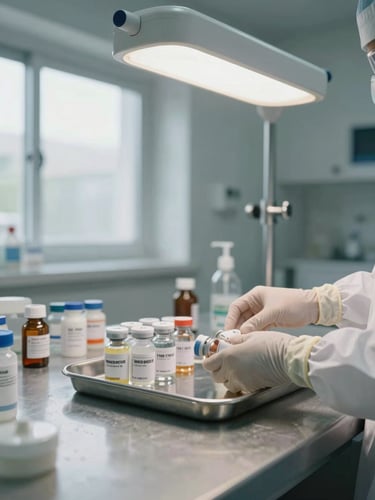 Wide shot of a clinical medication preparation station, hands in surgical gloves arranging labeled medication vials on a stainless-steel tray, sharp clinical overhead lighting mixed with daylight from a nearby window, clean concrete-gray counter surface, no faces visible, tight environmental framing