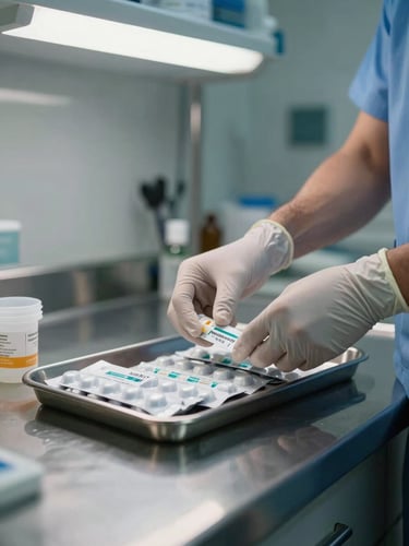 Close-up of a male nurse's gloved hands preparing a labeled medication tray on a stainless steel clinical counter, individual blister packs and a medication cup visible, cool fluorescent overhead light casting precise shadows, shallow depth of field with the background clinical shelving softly out of focus