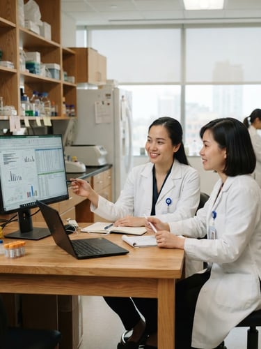 A medium-wide environmental portrait of two Vietnamese medical researchers discussing clinical data in a bright, modern laboratory with warm wood accents and soft diffused daylight.