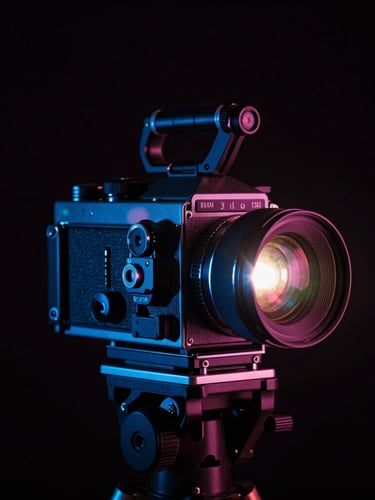 Profesjonalny sprzęt filmowy na ciemnym tle z neonowymi akcentami, kamera kinowa z obiektywem anamorficznym, low-key lighting, anamorphic lens flare, 35mm