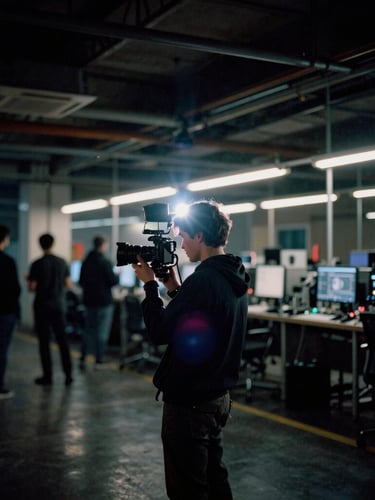 Operator filmowy z kamerą na ramieniu na tle industrialnego wnętrza, z neonowym światłem odbijającym się od sprzętu, low-key lighting, anamorphic lens flare, 35mm